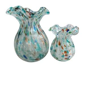 Murano Style Confetti Speckled Ruffled Edge Vase Hand Blown Art Glass Vintage